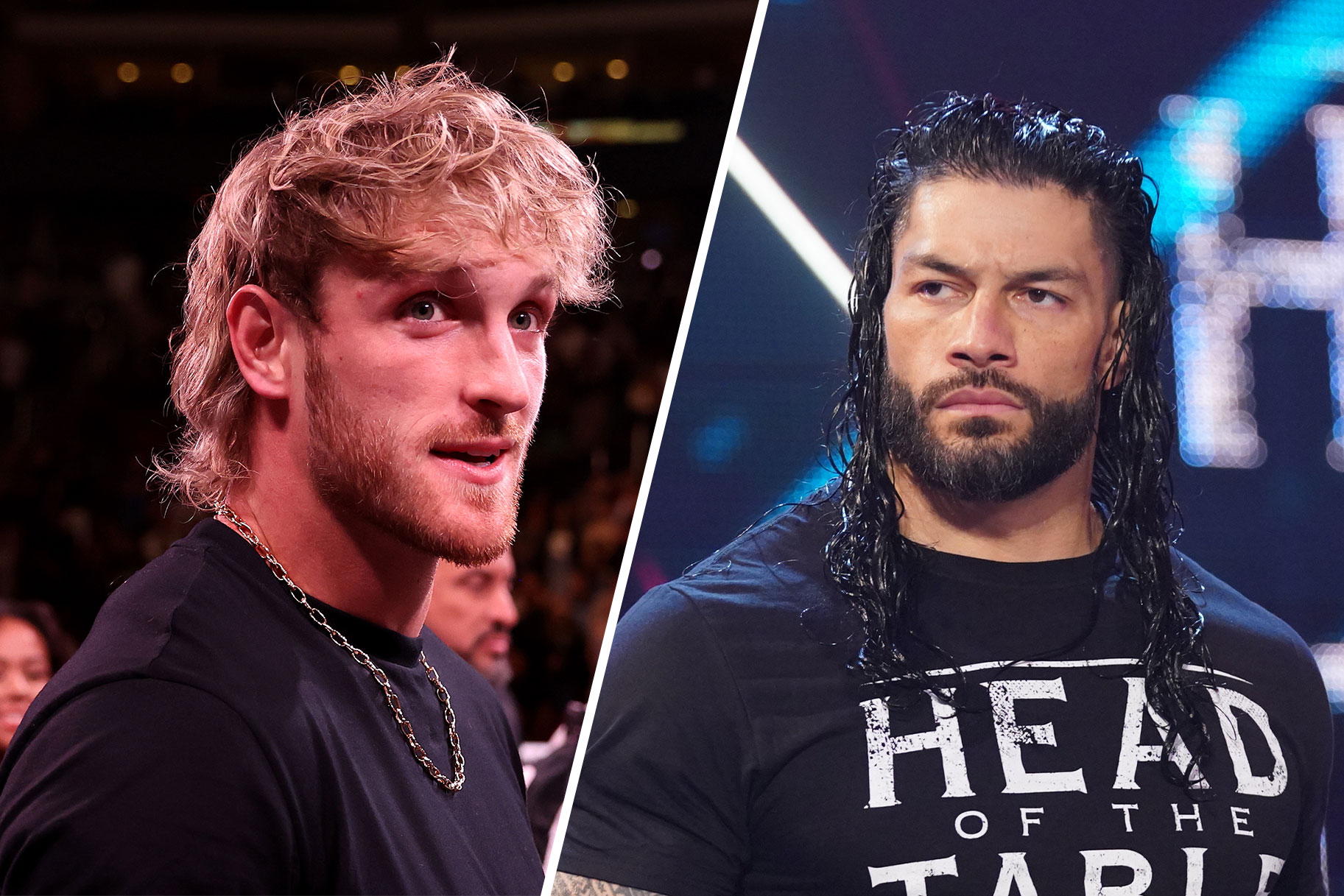 Split image of Roman Reigns and Logan Paul