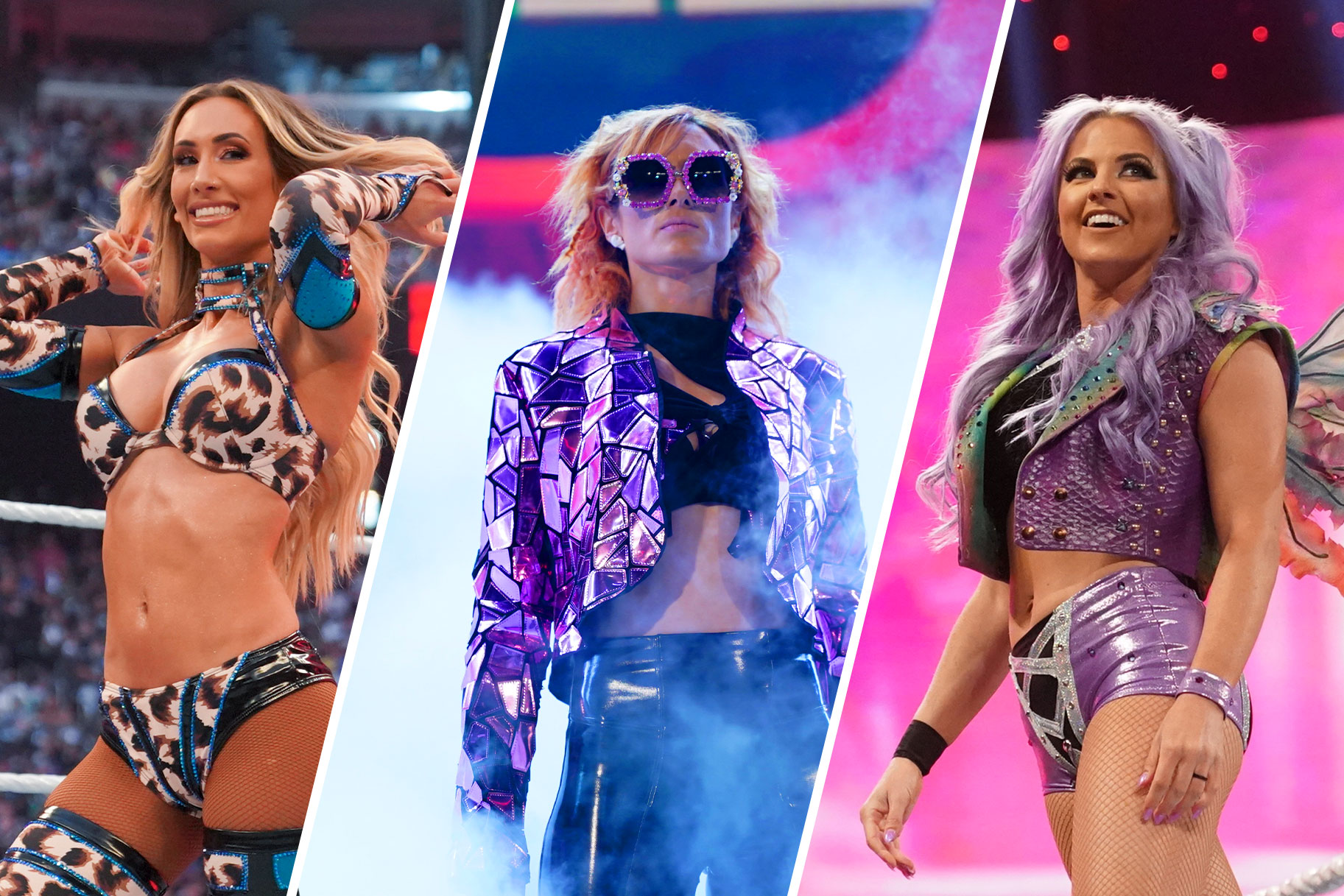 Split image of Carmella, Becky Lynch, and Candice Lerae