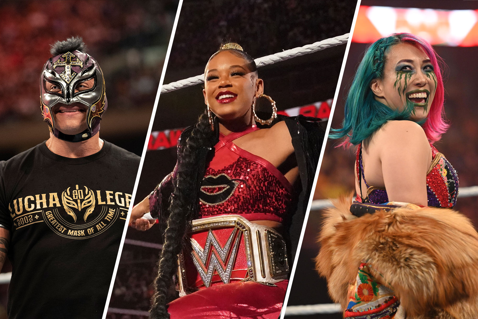 Split image of Rey Mysterio, Bianca Belair, Asuka