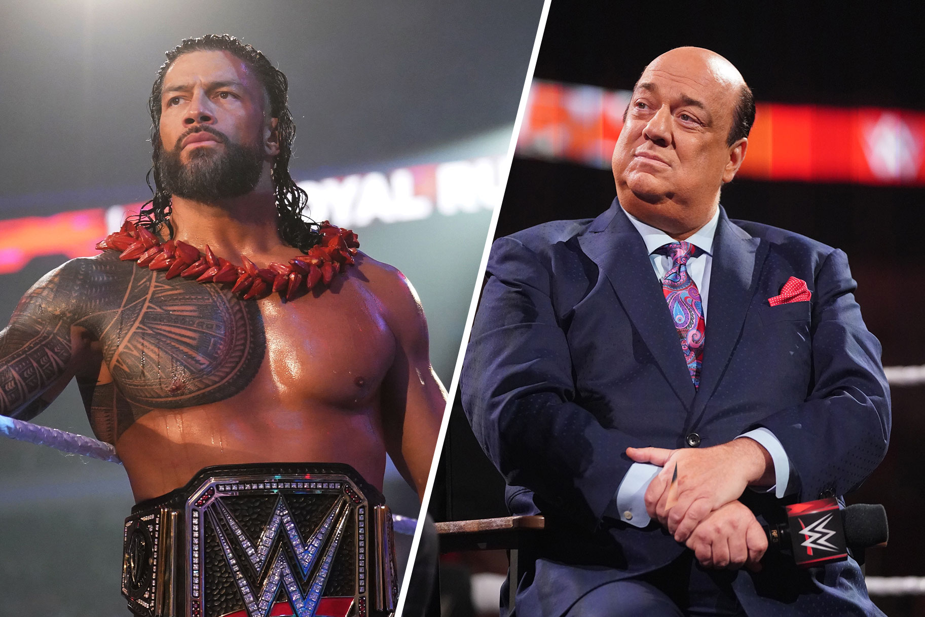 Split image of Roman Reigns and Paul Heyman