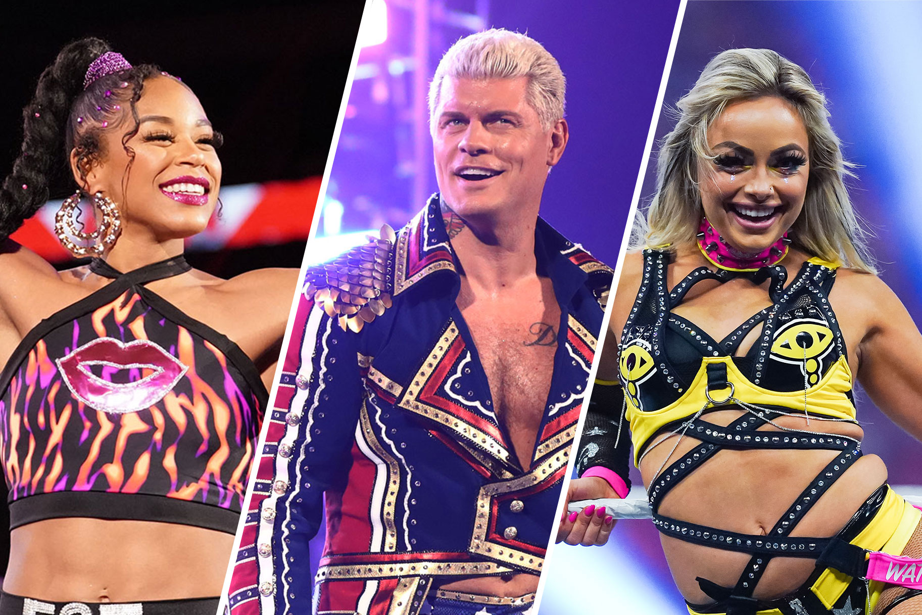 Split shot of Liv Morgan, Cody Rhodes, and Bianca Belair