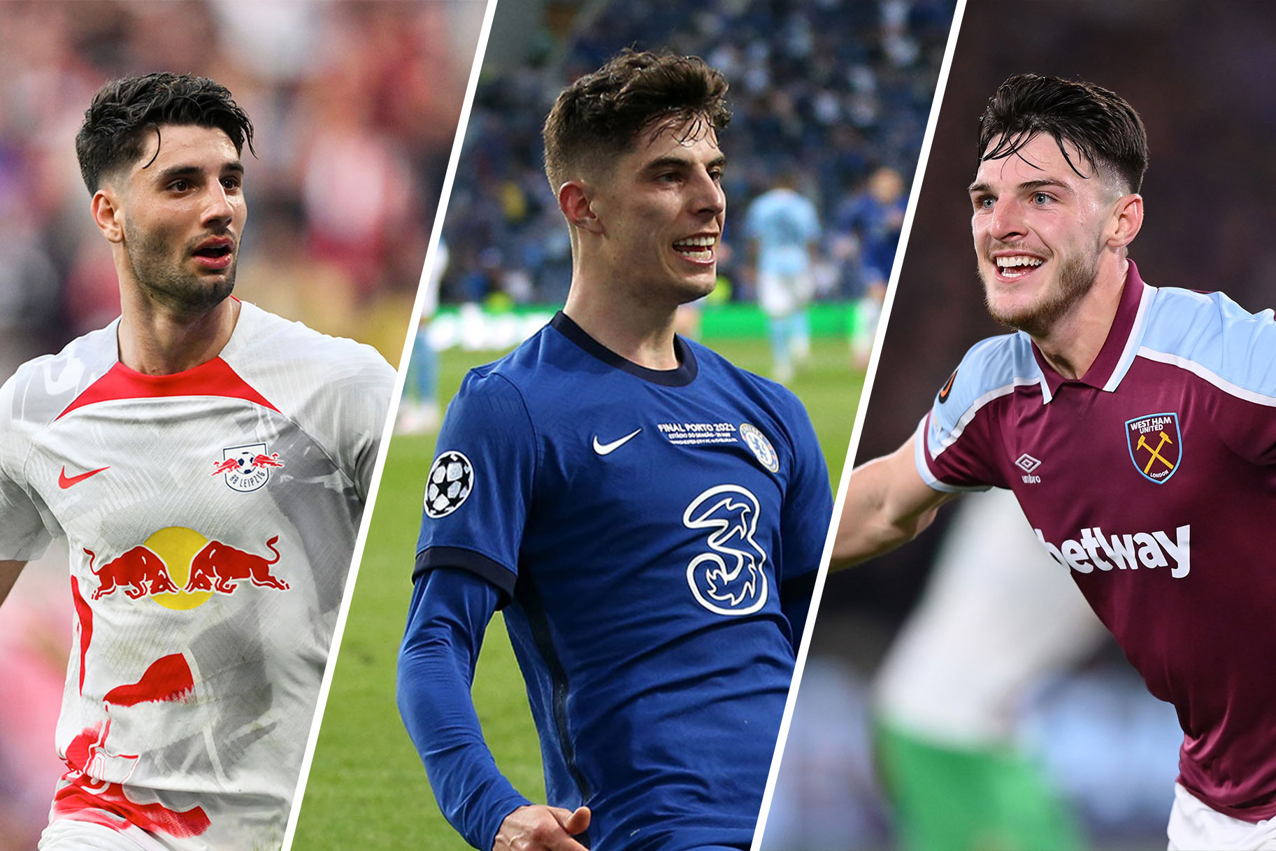 Split image of Declan Rice, Kai Havertz, and Dominik Szoboszlai