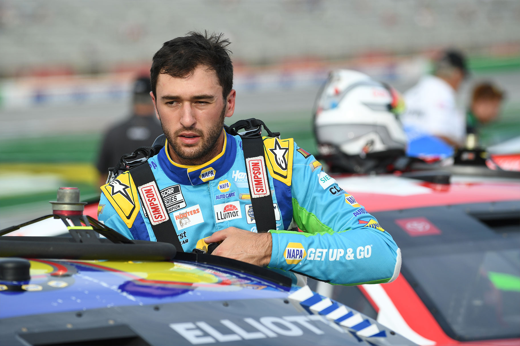 Chase Elliot looks on during qualifying for the NASCAR Cup Series Quaker State 400 on July 08, 2023