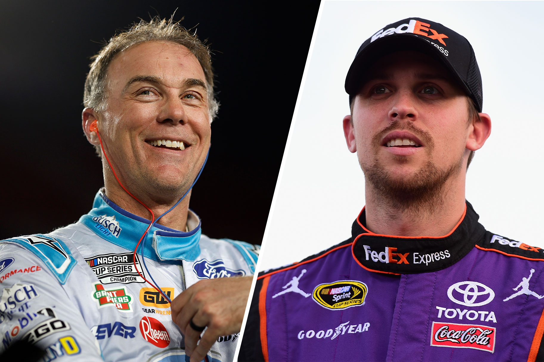 Split image of Kevin Harvick and Denny Hamlin