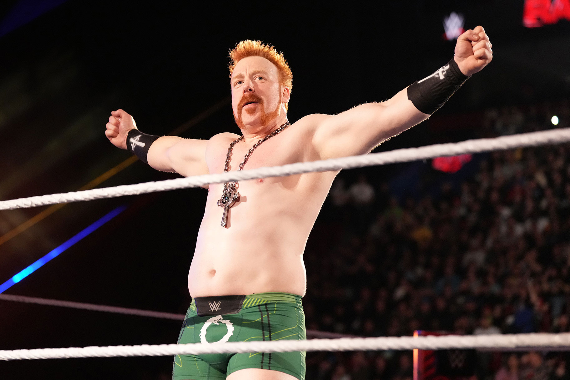 Sheamus outstretches his arms while standing in the ring