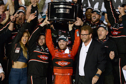 Austin Dillon celebrating his 2018 Daytona 500 win with his team