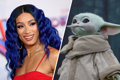 Split image of Sasha Banks and Grogu from the Mandalorian