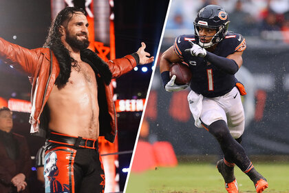 Split image of Seth Rollins and Justin Fields #1 of the Chicago Bears