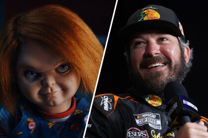 split image of Chucky and Martin Truex Jr.