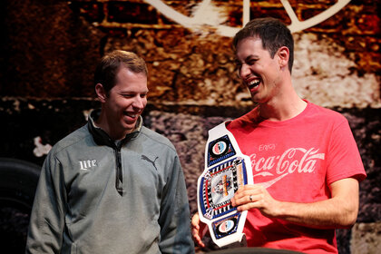 Brad Keselowski and Joey Logano laughing together