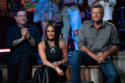 Blake Shelton, Nikki Bella, and Carson Daly on the Barmageddon set