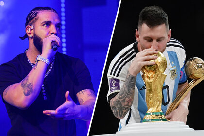 Split Image of Drake performing and Lionel Messi kissing the World Cup Trophy