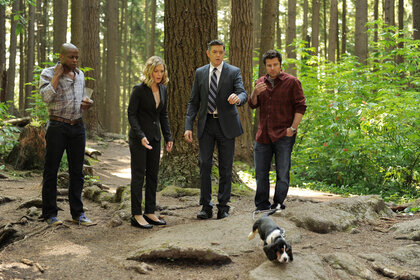 PSYCH -- "Right Turn or Left for Dead" Episode 708 -- Pictured: (l-r) Dule Hill as Burton 'Gus' Guster, Maggie Lawson as Juliet O'Hara, Timothy Omundson as Lassiter, James Roday as Shawn Spencer