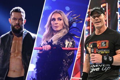 Split image of Finn Falor, Charlotte Flair, and John Cena