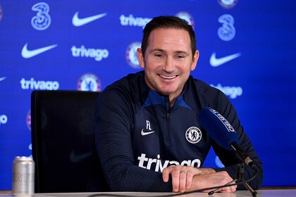 Caretaker manager Frank Lampard of Chelsea talks during a press conference at Chelsea Training Ground