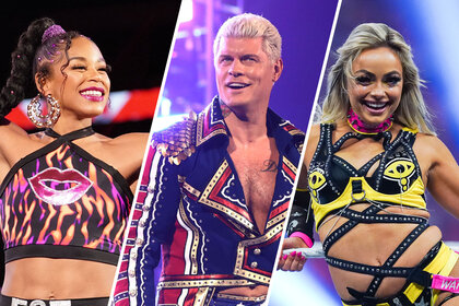 Split shot of Liv Morgan, Cody Rhodes, and Bianca Belair