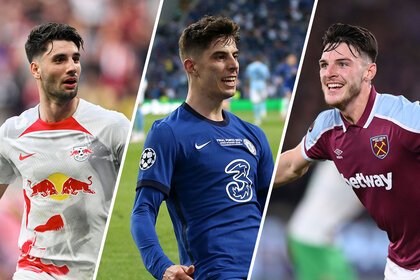 Split image of Declan Rice, Kai Havertz, and Dominik Szoboszlai