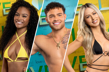 Split image of three Love Island USA Season 5 cast members Destiny, Marco, and Anna