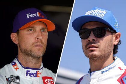 Split image of Denny Hamlin and Kyle Larson