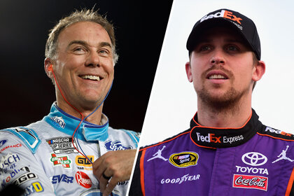 Split image of Kevin Harvick and Denny Hamlin