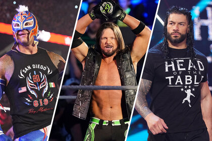 Split image of Rey Mysterio, AJ Styles, and Roman Reigns