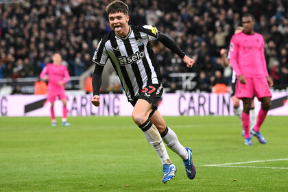 Lewis Miley celebrates after scoring his first senior goal