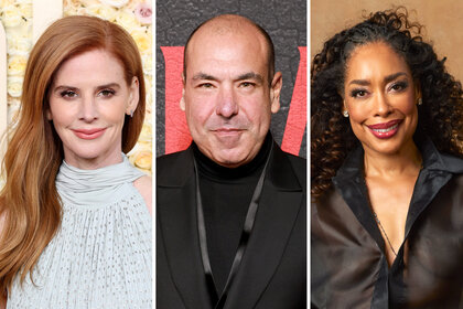 A split of suits cast mates Sarah Rafferty, Rick Hoffman and Gina Torres