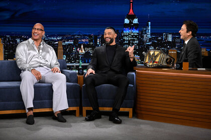 Dwayne Johnson and Roman Reigns being interviewed by Jimmy Fallon on The Tonight Show Starring Jimmy Fallon Episode 1954