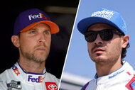 Split image of Denny Hamlin and Kyle Larson