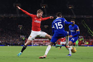 Rasmus Hojlund of Manchester United battles with Nicolas Jackson of Chelsea during the Premier League match between Manchester United and Chelsea FC