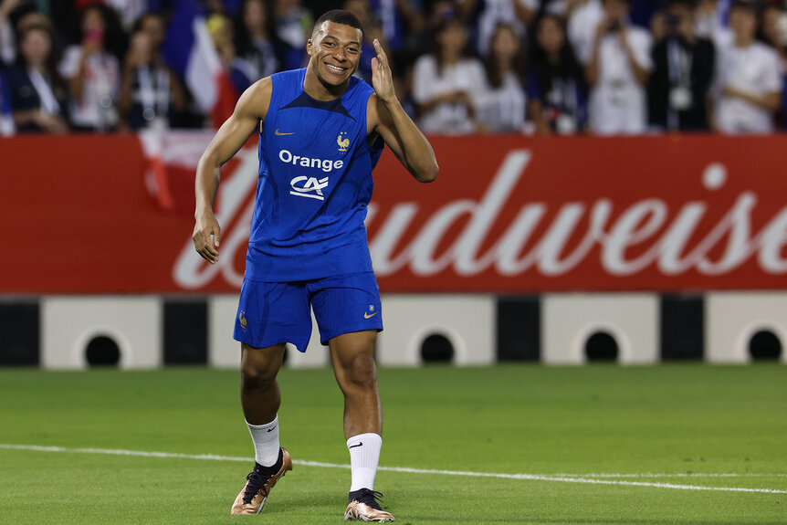 Kylian Mbappe of France attends a training session at Al Sadd SC Stadium