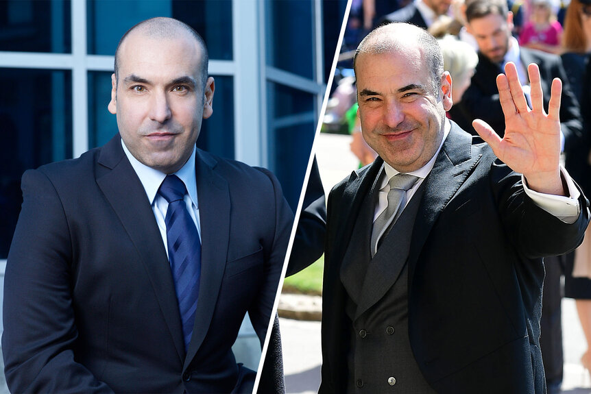 Rick Hoffman as Louis Litt and Rick Hoffman attending Meghan Markle's wedding