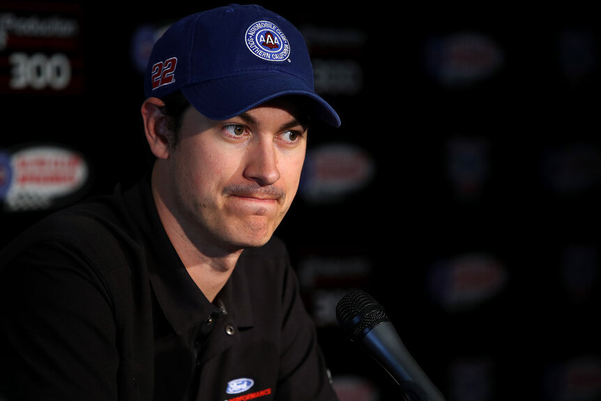 Joey Logano speaks to media during a press conference prior to practice for the NASCAR Cup Series at Auto Club Speedway