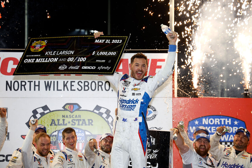 Kyle Larson celebrates his All-Star win.