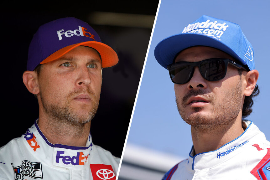 Split image of Denny Hamlin and Kyle Larson