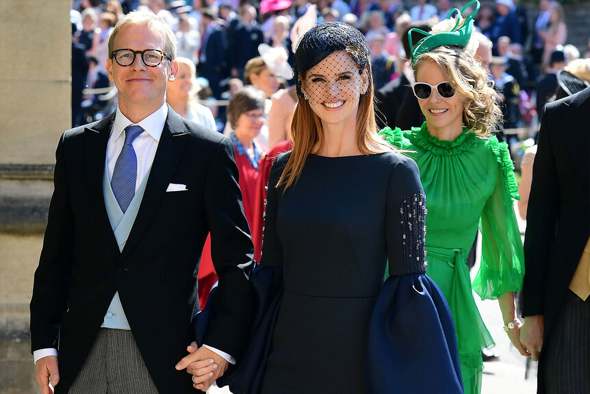 Sarah Rafferty and Santtu Seppala smile outside of St. George's Chapel