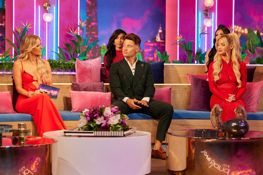 Ariana Madix, Aaron Evans, and Kaylor Martin speak during the Love Island USA Season 6 Reunion.