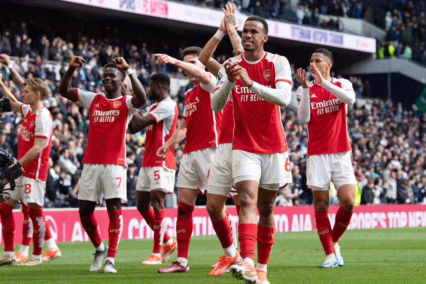 Magalhaes Gabriel leads the Arsenal celebrations after the Premier League match between Tottenham Hotspur and Arsenal FC