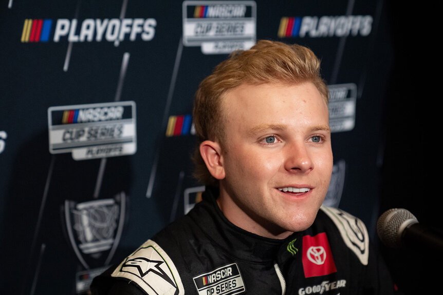 Ty Gibbs speaks with the media during NASCAR Cup Series Playoff Media Day