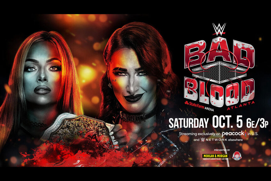 Liv Morgan and Rhea Ripley are featured in art for WWE's Bad Blood 2024.