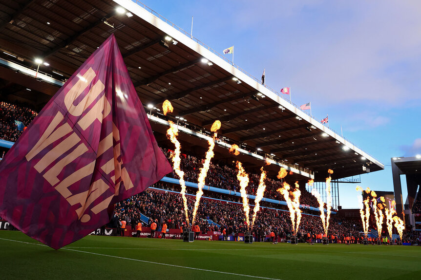 A general view of Villa Park as fireworks go off prior to the Premier League match between Aston Villa and Manchester United