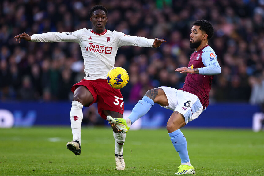 Douglas Luiz of Aston Villa in action with Kobbie Mainoo of Manchester United