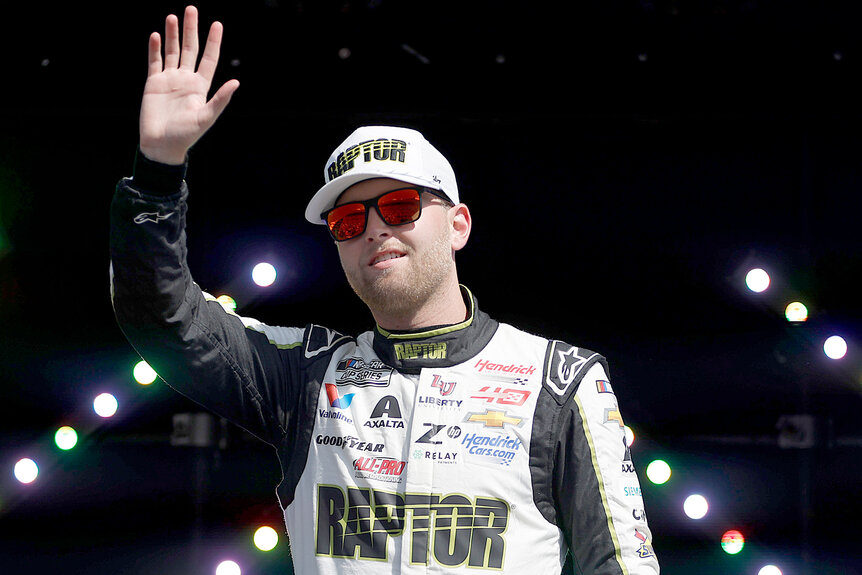 William Byron waves to the crowd during NASCAR Cup Series YellaWood 500